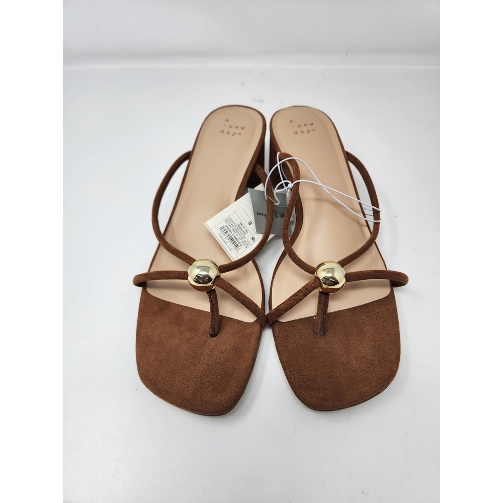 A New Day Womens Strappy Block Heel Sandals Brown Faux Suede Casual Size 9